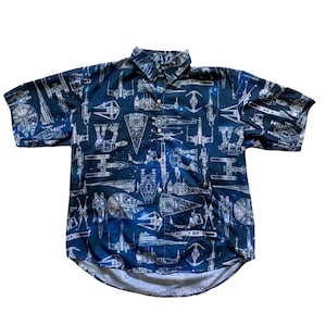 Vintage Star Wars Blue All Over Print X-Wing AT-AT Button Up Shirt Mens Size M Medium