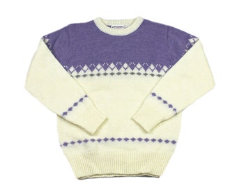 Vintage 1980s 80s Wool Blend Christmas Sweater in Cream / Purple WOMENS Size M Medium