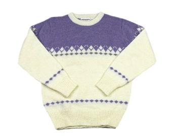Vintage 1980s 80s Wool Blend Christmas Sweater in Cream / Purple MUJER Talla M Mediana