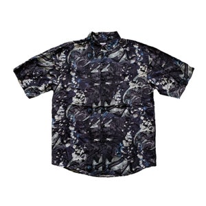 Vintage 1990s 90s Abstract Print Blue / Gray 100% Silk Button Up Shirt Mens Streetwear Size M Medium