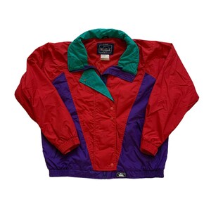 Vintage 1990s 90s Woolrich Skiing / Snowboarding Lightweight Red / Purple / Teal Nylon Outdoors Jacket Womens Size L Large