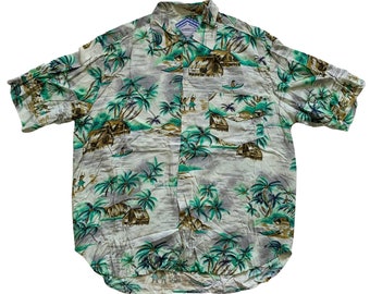 Vintage 1990s 90s Island Print Green / Gray / White Rayon Hawaiian Aloha Tiki Shirt Mens Size M Medium