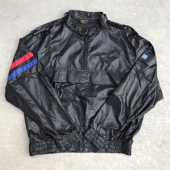Vintage 1980s 80s Black Swingster Light Nylon Half Zip Nylon