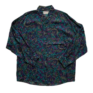 Vintage 1990s 90s Abstract Floral Print Teal / Purple Rayon Button Up Shirt Made in USA Mens Size L Large