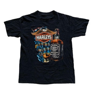 Vintage 1980s 80s 1987 Harley Davidson Harleys and Whisky Motorcycle Graphic Tee Shirt Made in USA Mens Size M Medium