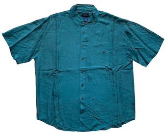 Vintage 1990s 90s Teal 100% Silk Button Up Shirt Mens Size L Large