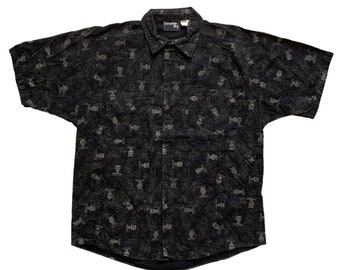 Vintage 1990s 90s Black Geometric Print Hawaiian Tiki Aloha Shirt Mens Size M Medium