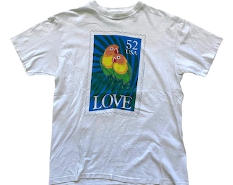 Vintage 1990 90er 1991 United States Postal Service USPS Love Birds 52 Cent Stempel Grafik T-Shirt Made in USA Herren Größe M Medium