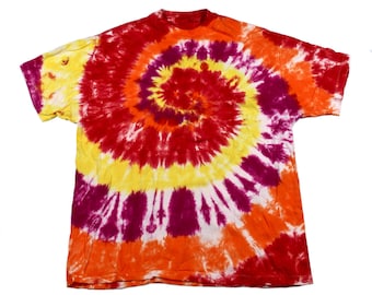 Vintage 1990s 90s Rojo / Amarillo / Naranja / Púrpura Tie Dye Camisa Hippy Streetwear Hombre Talla L Grande
