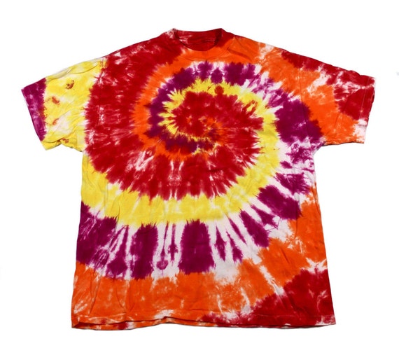 red and yellow tie dye shirt