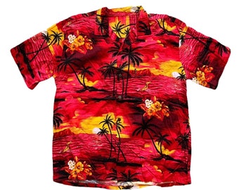 Vintage 1990s 90s Sunset Island Surf Print Pink / Red / Yellow Hawaiian Aloha Shirt Mens Size XL Extra Large