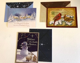 Vintage Deadstock Ephemera Lot of 3 Christmas Holiday Cards Matching Envelopes Snowmen / Robins / Snow Winter Scene