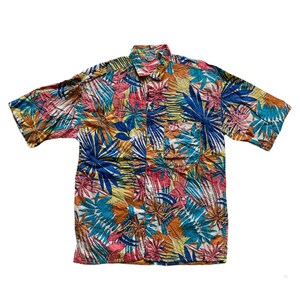Vintage 1990s 90s Tropical Color Floral Print Tiki Hawaiian Aloha Shirt Mens Size M Medium