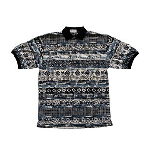 Vintage 1990s 90s Shades of Blue Geometric Print Striped Polo Shirt Mens Size M Medium