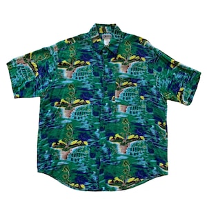Vintage 1990s 90s Island Scene Rayon Hawaiian Aloha Shirt Mens Size L Large