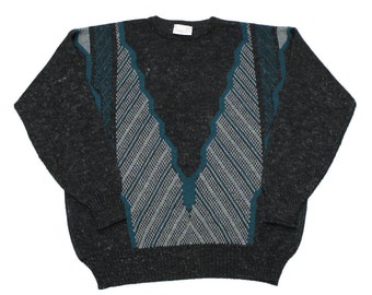 Vintage 1990s 90s Black / Gray / Teal Striped Sweater Made in UK Mens Size L Large