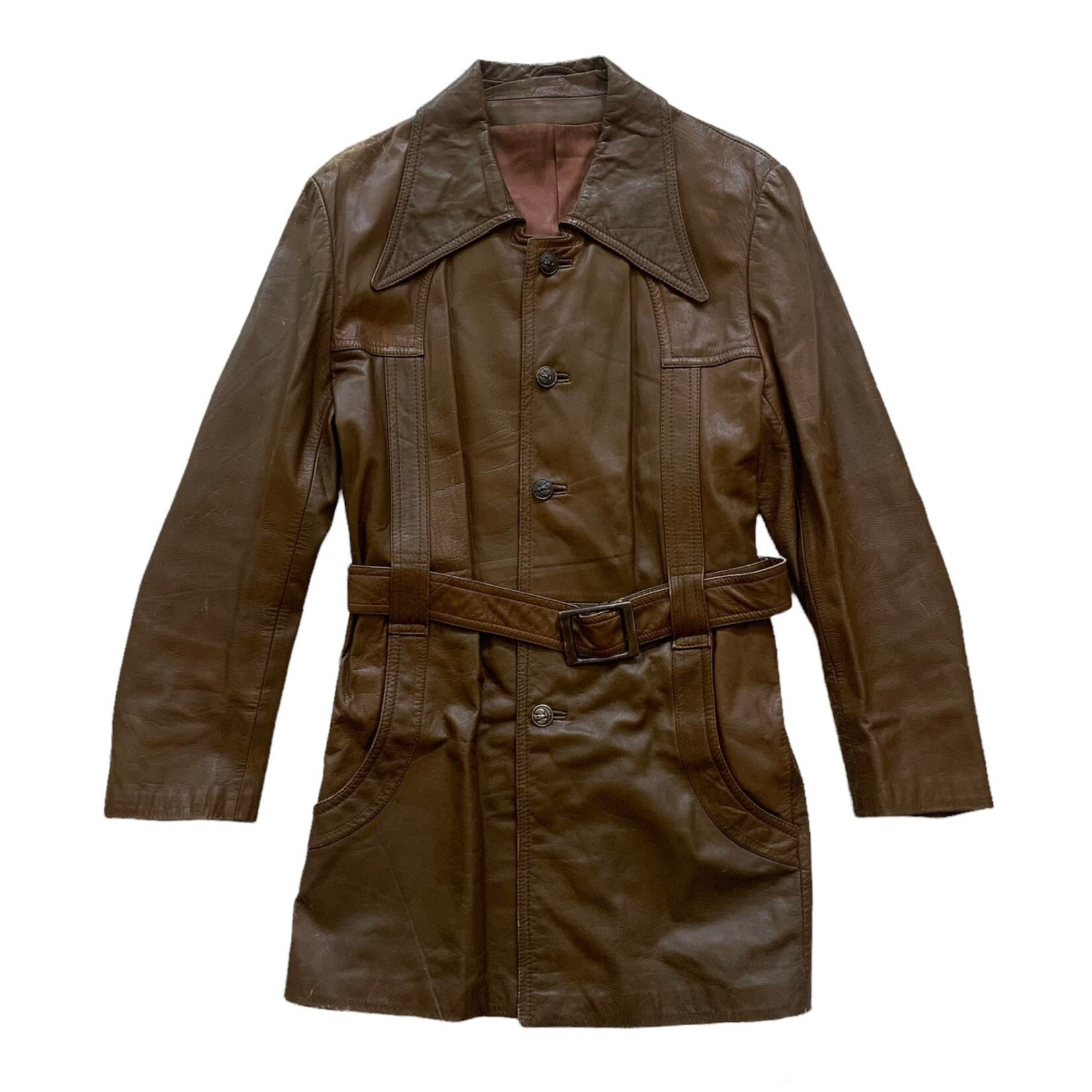Vintage 1980s 80s Brown Leather Belted Trench Coat Jacket