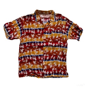 Vintage 1990s 90s Palm Tree Print Blue / Red / Mustard Rayon Hawaiian Aloha Button Up Shirt Mens Size L Large