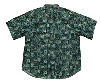 Vintage 1990s 90s Teal Floral Print Cotton Hawaiian Aloha Tiki Shirt Mens Size L Large