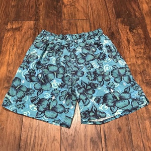 Vintage jaren 1990 90 Hawaiian Hibiscus Print Aqua Blue Zwembroek Heren Badmode Maat M Medium