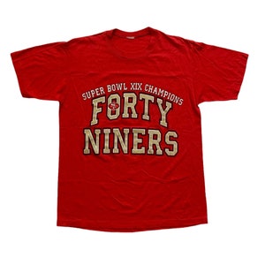 Vintage 1980s 80s 1985 San Francisco 49ers Super Bowl XIX Champions Red NFL Tee Shirt Made in USA Mens Size L Large