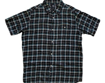 Vintage STUSSY Rat Patrol Skate Tough Plaid Button Up Shirt Black / Teal / White Mens Size L Large