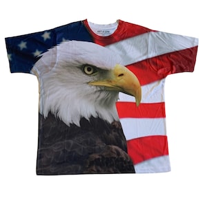 Vintage 2000s 00s All Over Print American Flag Bald Eagle America Pride USA Freedom Polyester Shirt Mens Size 2XL XXL