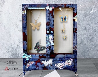 Woman’s jewelry box armoire with vintage blue roses and butterflies / hand painted jewelry box, Mothers Day Gift