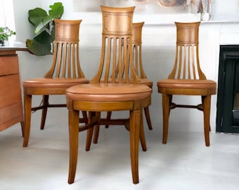 Vintage wood tall back MCM mid century modern dining chairs, set of 4 Dining room chairs, cool retro kitchen table chairs, tall fluted back