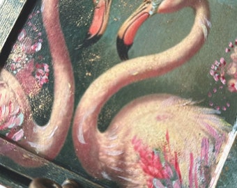 Flamingo Jewelry Box, flip top pink and blush colored, lush hand painted and decoupage  Jewelry box,