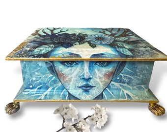 Girl with Antlers Jewelry box, blue wood handpainted jewelry storage box