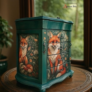 Whimsical Hand-Painted Fox Jewelry Box – Woodland Animal Decor in Teal Green