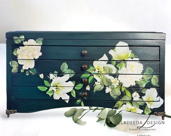 Large Wood Jewelry Storage chest, Teal Jewelry Box with white magnolia flowers, ladies 3 drawer jewelry organizer, womans gift