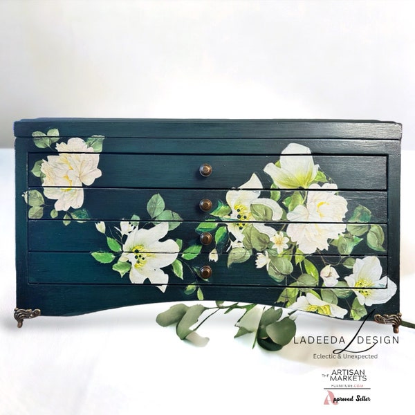 Large Wood Jewelry Storage chest, Teal Jewelry Box with white magnolia flowers, ladies 3 drawer jewelry organizer, womans gift