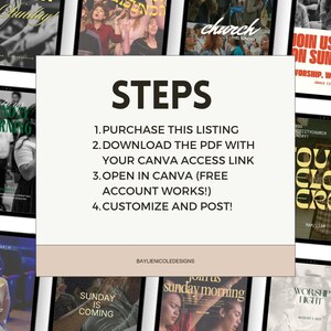 May include: A collection of digital templates displayed on tablets, promoting church events. The templates feature various designs with text like "Church Sunday," "Sunday Morning," and "Worship Night." A central panel outlines the steps for purchase and customization.
