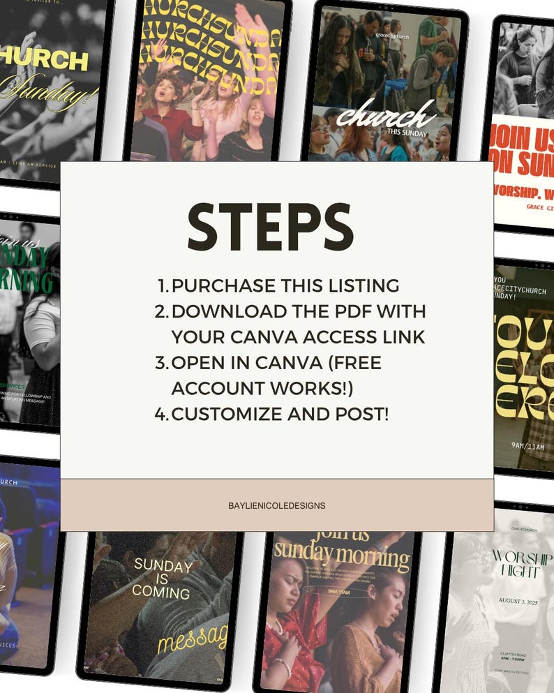 May include: A collection of digital templates displayed on tablets, promoting church events. The templates feature various designs with text like "Church Sunday," "Sunday Morning," and "Worship Night." A central panel outlines the steps for purchase and customization.