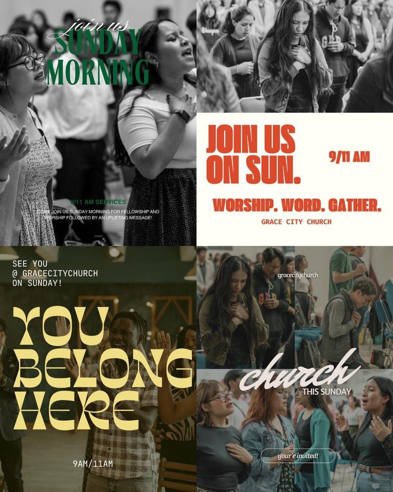 May include: A promotional image for Grace City Church, featuring text that reads "Join us Sunday Morning" and "You Belong Here." The image includes photos of people in worship and the text "Join us on Sun. Worship. Word. Gather."