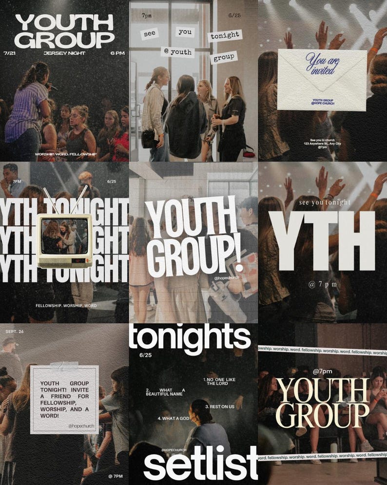 May include: A collage of promotional materials for a youth group event. The images include text such as "Youth Group," "Tonight," and "See You Tonight." The color scheme is primarily black, white, and beige, with images of people.