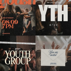 May include: A collage of images with text promoting a youth group event. The text includes "YOUTH," "YTH," "YOUTH GROUP," and "You are invited." The event details include the date, time, and location.