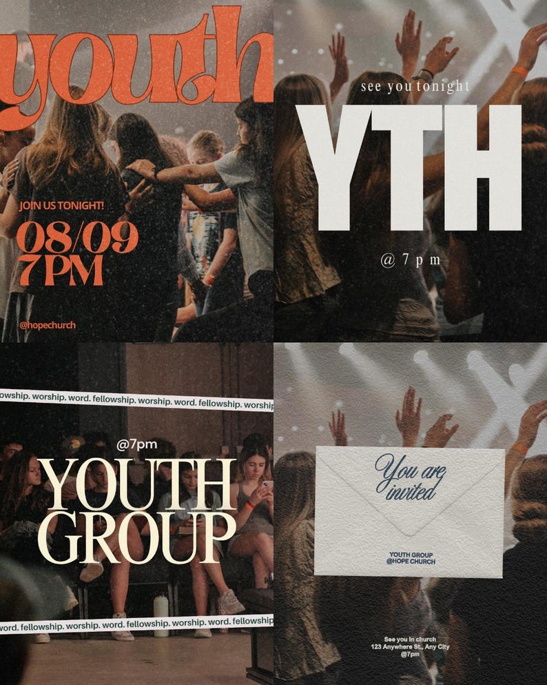 May include: A collage of images with text promoting a youth group event. The text includes "YOUTH," "YTH," "YOUTH GROUP," and "You are invited." The event details include the date, time, and location.
