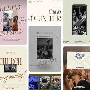 May include: A collage of promotional materials for a church. The image includes text that reads "Women's Bible Study," "Call for Volunteers," and "Sunday Morning." Other text includes "New Hope Church" and service times.