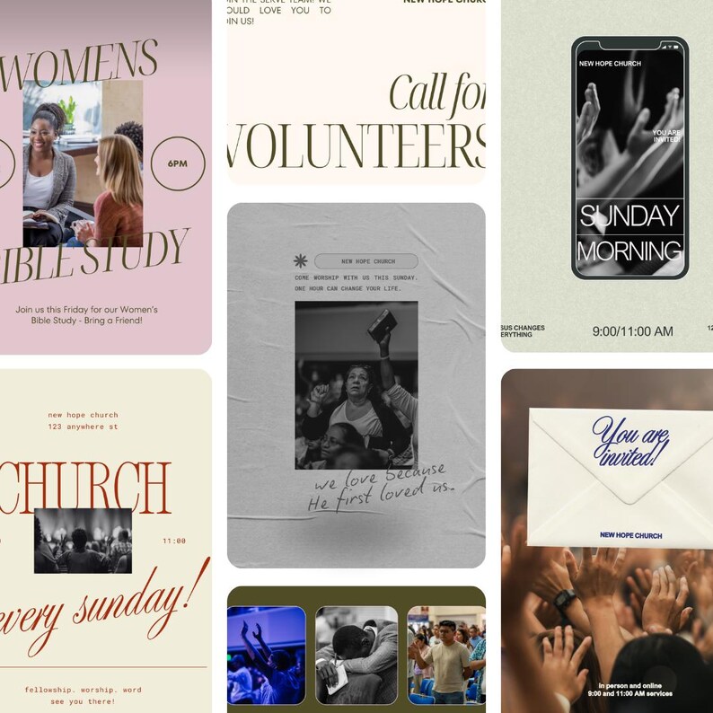 May include: A collage of promotional materials for a church. The image includes text that reads "Women's Bible Study," "Call for Volunteers," and "Sunday Morning." Other text includes "New Hope Church" and service times.
