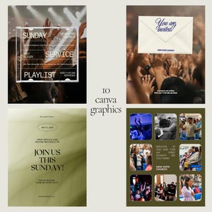 May include: A collage of graphics for New Hope Church. The graphics include event details, service times, and the invitation "You are invited!" in a stylized font. The color palette is neutral with green and white accents.