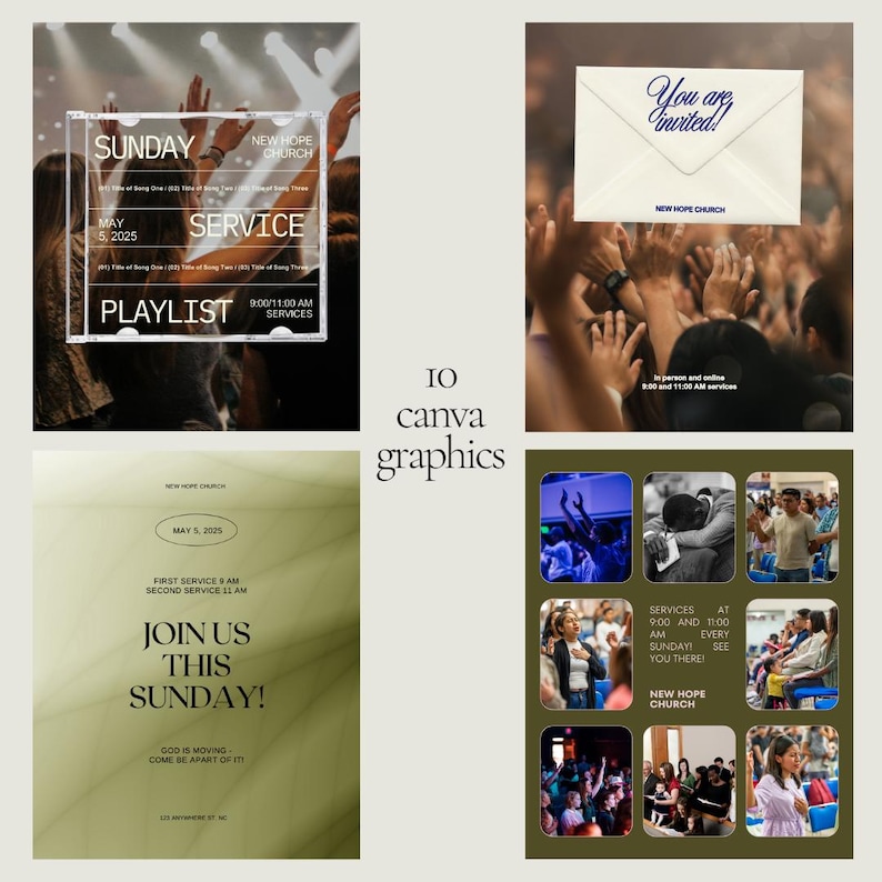 May include: A collage of graphics for New Hope Church. The graphics include event details, service times, and the invitation "You are invited!" in a stylized font. The color palette is neutral with green and white accents.