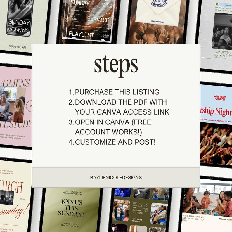 May include: A digital product template with a white background and the word "steps" in a bold, black font. The steps are listed below the word. The template also includes various graphics with text related to church services and events.