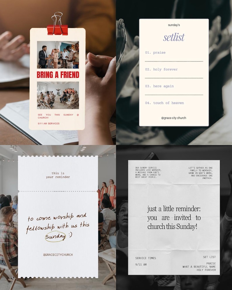 May include: Four white paper cards with text and images, held together by a red binder clip. The cards include the phrases "Bring a Friend", "Setlist", and "You are invited to church this Sunday!" The cards are promoting a church service.