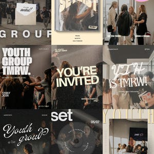 May include: A collage of promotional graphics for a youth group event. The images feature text like "Youth Group TMRW!" and "You're Invited!" along with a CD case labeled "Setlist." The color scheme is primarily black, white, and beige.
