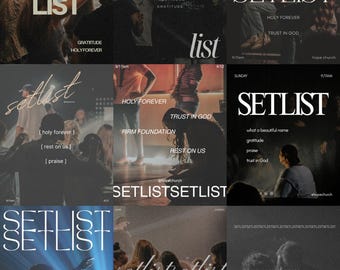 May include: A collection of images featuring the word "SETLIST" in various stylized fonts. The images include people with their hands raised, and text such as "Praise," "Trust in God," and "Holy Forever."