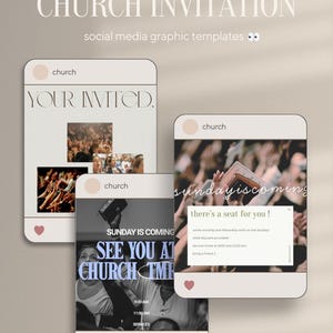 May include: A digital graphic design for church invitations. The design features three mock social media posts with the text "CHURCH INVITATION" and "social media graphic templates". Each post includes images and text such as "YOUR INVITED" and "SUNDAY IS COMING".