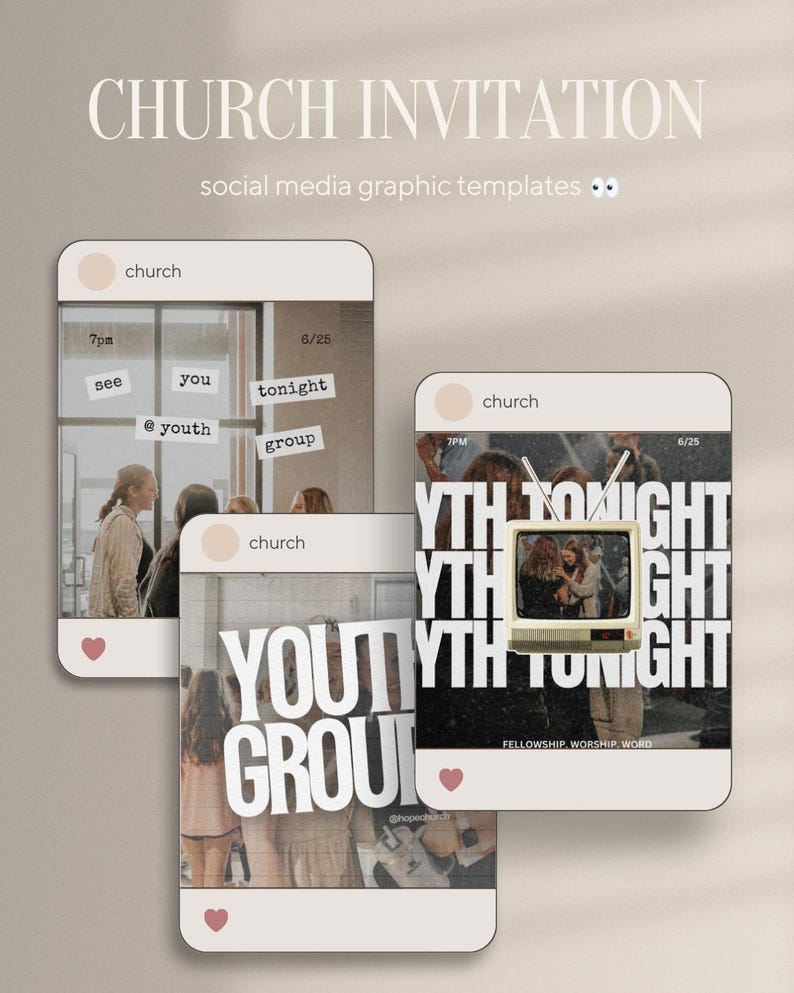 May include: Three social media graphic templates for church invitations. The templates feature Instagram-style layouts with images and text overlays. Text includes "CHURCH INVITATION", "YOUTH GROUP", and "TONIGHT". The color palette is neutral with a vintage aesthetic.
